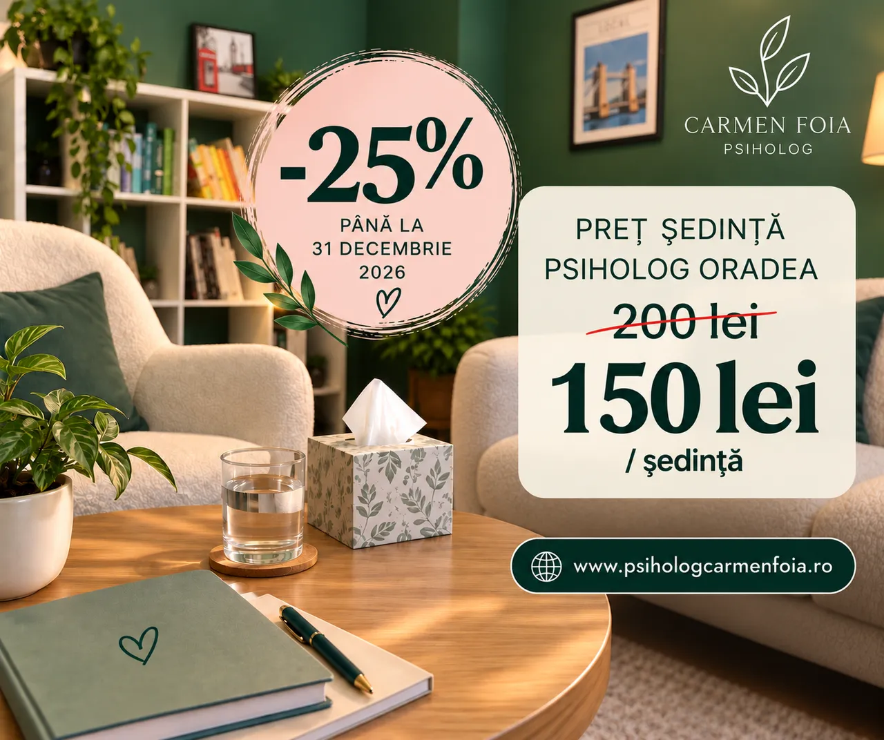 Pret sedinta psiholog Oradea - doar 150 RON. 25% reducere de la 200 RON, până la finalul anului 2026 | Psiholog Oradea Carmen Foia